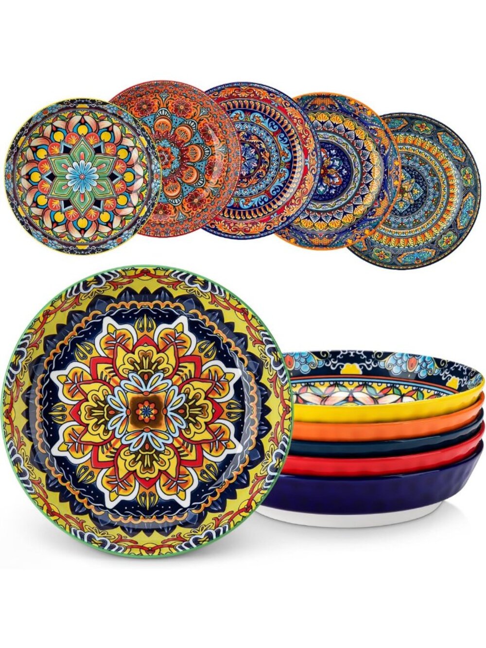 Set of 6 Large Colorful Porcelain Pasta & Salad Bowls - Dishwasher & Microwave